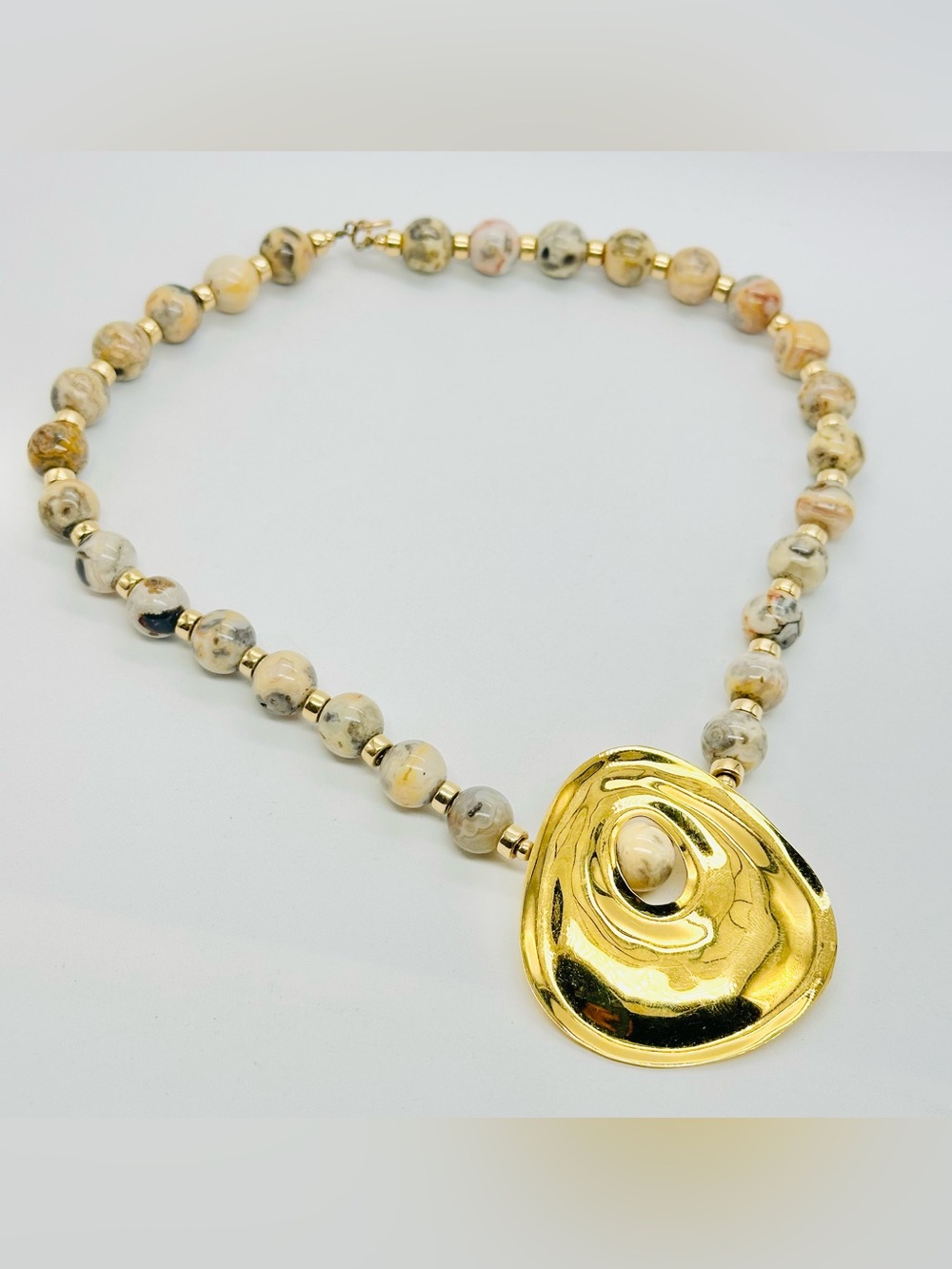 Carlton Ridge Sutton Hoo Necklace Beaded Jasper Gemstone 24k Gold Plated 1998
